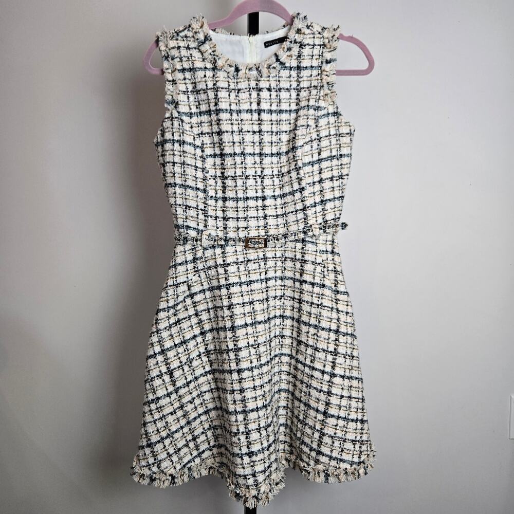 Mohito Fit and Flare Tweed Fringe Classic Belted Dress Cream Pink‎ Black Plaid S